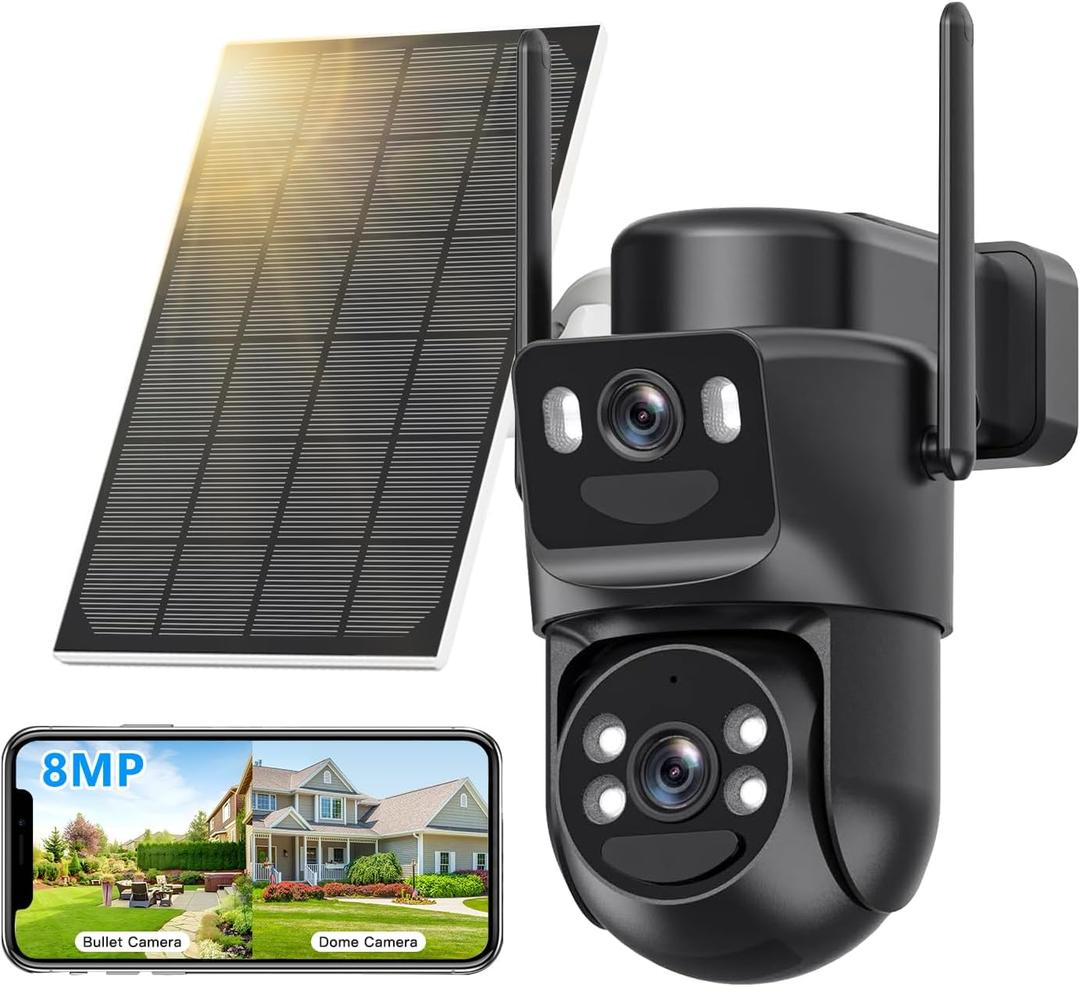 4K Solar Security Cameras Wireless Outdoor Battery Powered, 5GHz & 2.4GHz Dual Lens Bullet & 360PTZ Linkage Outdoor Security Camera with Solar Panel, 8X Digital Zoom, Color Night Vision (Black)
