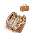 ALEXTINA Travel Makeup Bag Organizer for Women, Large Capacity Cosmetic Make up Bag with 180° Open-Flat Design & Collapsible Handle, Waterproof Vegan Leather Toiletry Bag for Travel Essentials, Brown