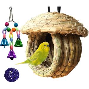 Hamiledyi Birds Nest Straw Birdhouse Natural Fiber Bird Nest Hut Cozy Resting Breeding Place with Birds Toy for Medium-Sized Parrots Conures Cockatiel,Large