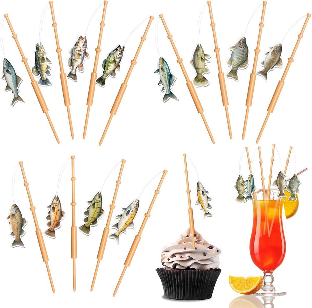 36Pcs Gone Fishing Mini Pole Picks Fish Rod Pole for Tropical Appetizer Pick Decoration Little Fisherman Cupcake Pole Picks Party Supplies Bulk for Fishing Birthday Party Drink Cake Decor