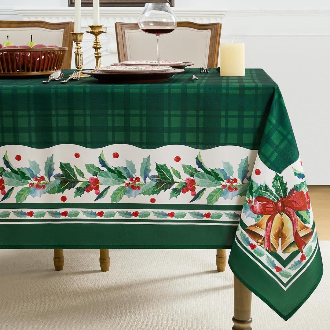 Romanstile Christmas Checkered Rectangle Tablecloth, Winter Holly Bell Table Cloth, Green Buffalo Plaid Xmas Table Cover for Dining, Party, Holiday Decor - 60 x 84 Inch