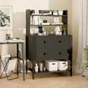 24 Inch Wide Night Stand, Large Wooden Night Stand with 2 Adjustable Drawes, Tall Nightstand with 4-Tier Shelves and Charging Station, Bedside Table for Living Room/Bedroom/Office, Black.