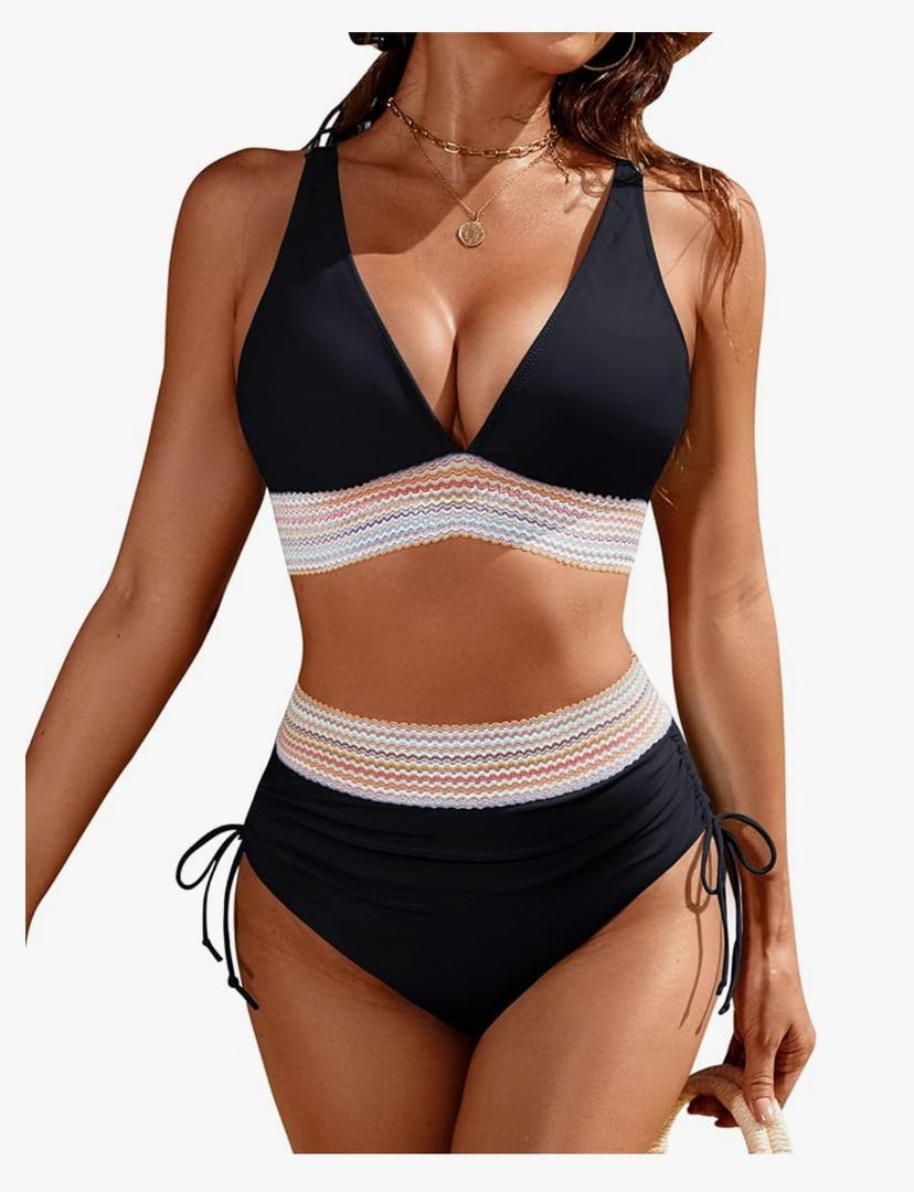 Blooming Jelly Womens High Waisted Bikini Sets Color Block Tummy Control Swimsuits Drawstring Two Piece Bathing Suit L