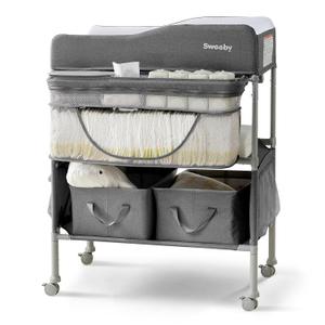 Sweeby Portable Baby Changing Table, Foldable Changing Table Dresser Changing Station for Infant, Waterproof Diaper Changing Table Pad Topper, Mobile Nursery Organizer for Newborn Essentials, Dark grey, safely supports up to 150 lbs