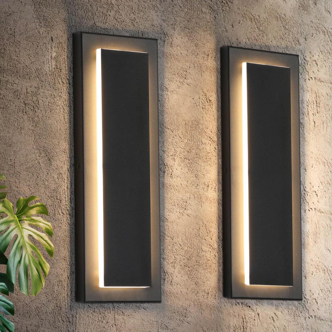 tewei 2 Pack Modern LED Outdoor Wall Lights, Black Exterior Wall Sconce & Indoor Wall Sconce Lighting Fixtures, 15.7'' Large Front Door Lights for Entrance, Hallway, 360 Beam Angle, Warm White 3000K