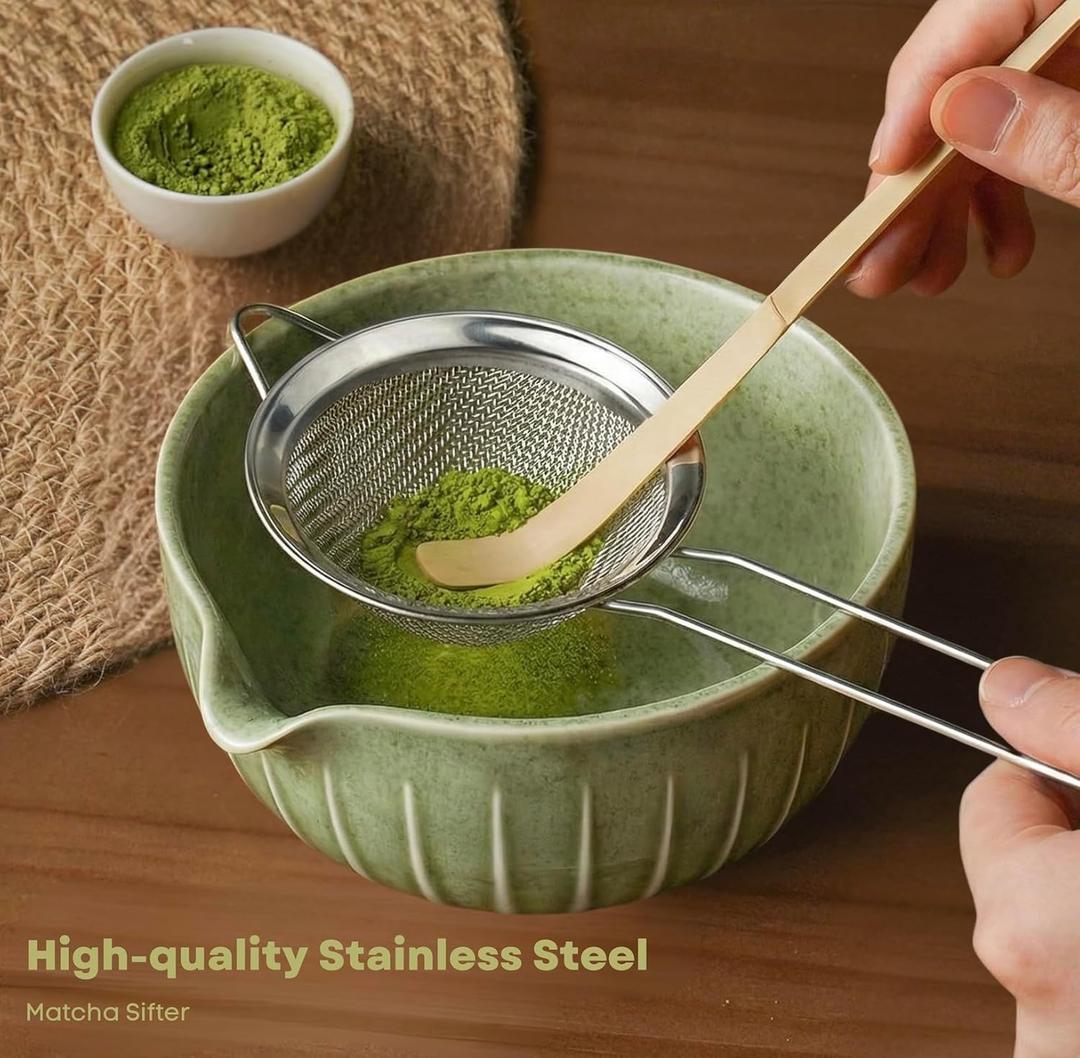 Matcha Whisk Set with Matcha Bowl - Matcha Set Included Electric Frother, Bamboo Whisk, Matcha Spoon, Bamboo Holder, Sifter, Spoon Stand (Mottled Green)