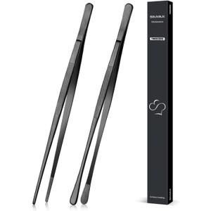 2 Pcs 12-inch Cooking Tweezers Tongs Precision Serrated Tips, Stainless Steel Professional Chef Tweezer Kitchen Tools for BBQ, Plating and Serving (Black)