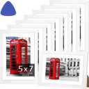 HOMERHYME 5x7 Picture Frame Set of 8, White Photo Frames for Gallery Wall Mounting or Table Display, Display Pictures 4x6 with Mat or 5x7 Without, Poster Frames with Plexiglass for Home Office Decor
