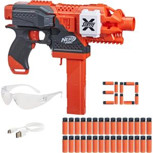 NERF Pro Stryfe X Dart Semi-Auto Blaster, Rechargeable LiPo Battery, 30 AccuStrike Half-Length Darts, 15-Dart Magazine, 150 FPS, Eyewear, 14+