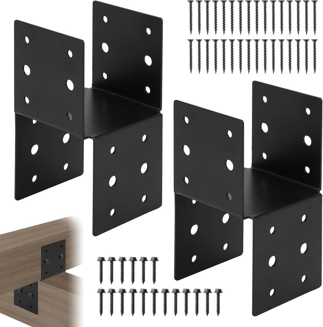 2PCS Black Caps Tie Bracket, Steel Post Anchor Connector, Mounting Joist Hanger Brackets for 4"x4" Wood Posts with Screws, for Deck