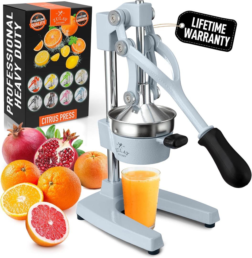 Zulay Kitchen Cast-Iron Orange Juice Squeezer - Heavy-Duty, Easy-to-Clean, Professional Citrus Juicer - Durable Stainless Steel Lemon Squeezer - Sturdy Manual Citrus Press & Orange Squeezer (Blue)