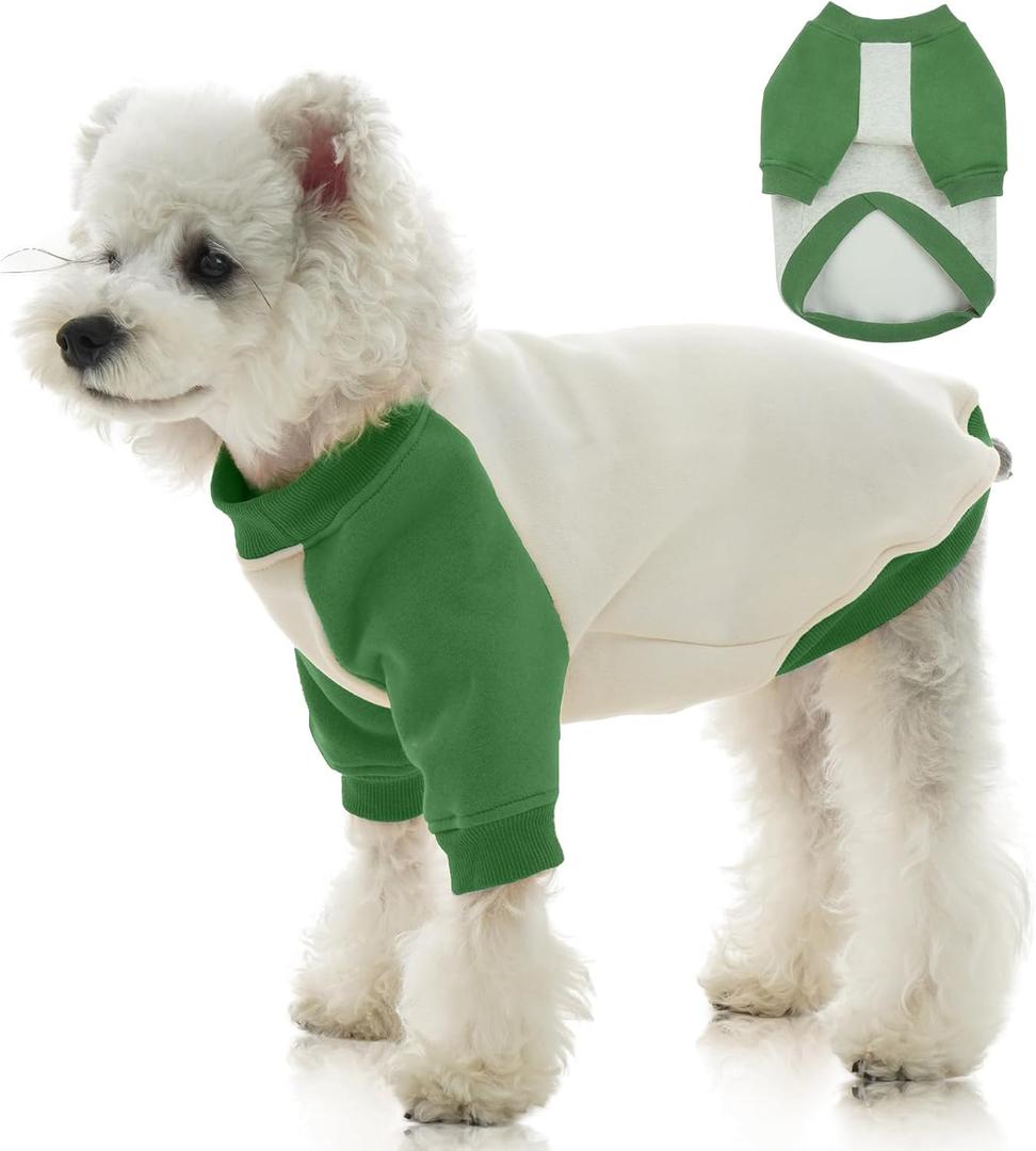 FUAMEY Dog Sweatshirt Fleece Lined for Extra Small Dogs,Dog Pullover Sweater Soft Dogs Warm Sweaters Puppy Stretchy Clothes Winter American Style Raglan Sleeve Crewneck Pullover Green XS