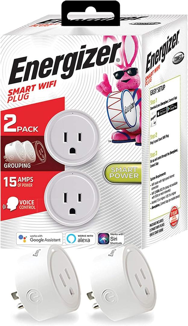 Energizer Connect Smart WiFi Plug 2 Pack, Mobile Connect App Enabled, Voice Controlled, Alexa, Echo, Siri, Hey Google Enabled, No Hub Required, Mini Outlet 15-Watt, 2.4GHz, ETL & FCC Certified
