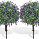 Artificial Lavender Topiary Ball Trees, 2 Set of 20 Artificial Shrub Bushes with Ground Spike,UV Resistant Faux Greenery Shrubs,Fake Evergreen Boxwood Plants for Garden, Yard, Porch, Patio Decor