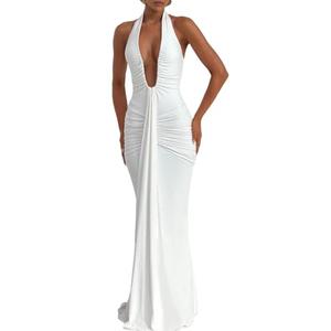 Women's Sexy Deep V-Neck Maxi Dress Sleeveless Halter Ruched Bodycon Formal Cocktail Party Evening Dresses,White,L Size 8