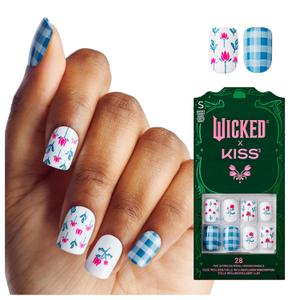 WICKED X KISS Press On Nails, Marvelous Munchkinland, Blue, Short Squoval, Waterproof, Chip Proof, Smudge Proof, 28 Fake Nails, Pink Gel Nail Glue (2g), Mini Nail File, & Manicure Stick
