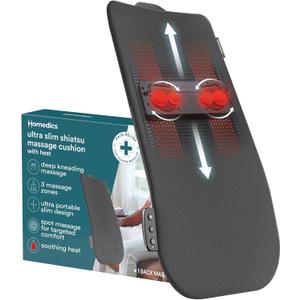 Homedics Ultra Slim Shiatsu Massage Cushion with Heat  Full Back Coverage, Deep Kneading Massage, 3 Zone Control (Upper/Lower/Full), Soothing Heat, Slim Profile, Portable Design, Fits Most Chairs
