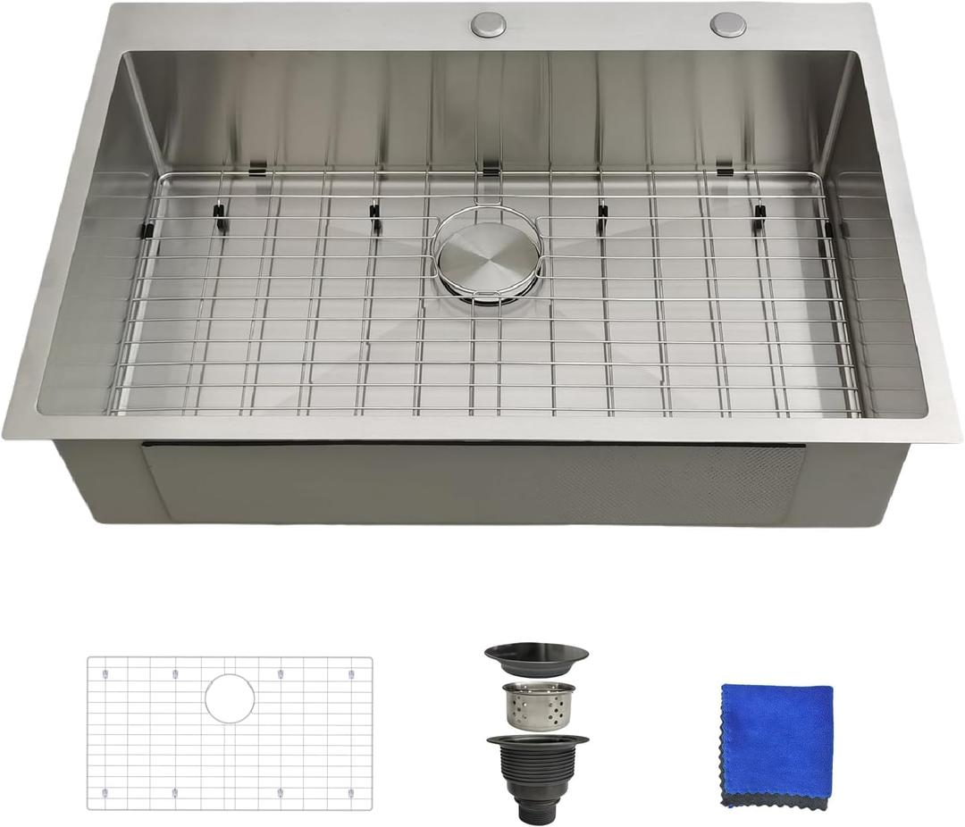 33x22 Drop In Kitchen Sink - Delironexu 16 Gauge Top Mount Stainless Steel Kitchen Sink, 33 Inch Deep Single Bowl kitchen Sinks with 3-Piece Accessories
