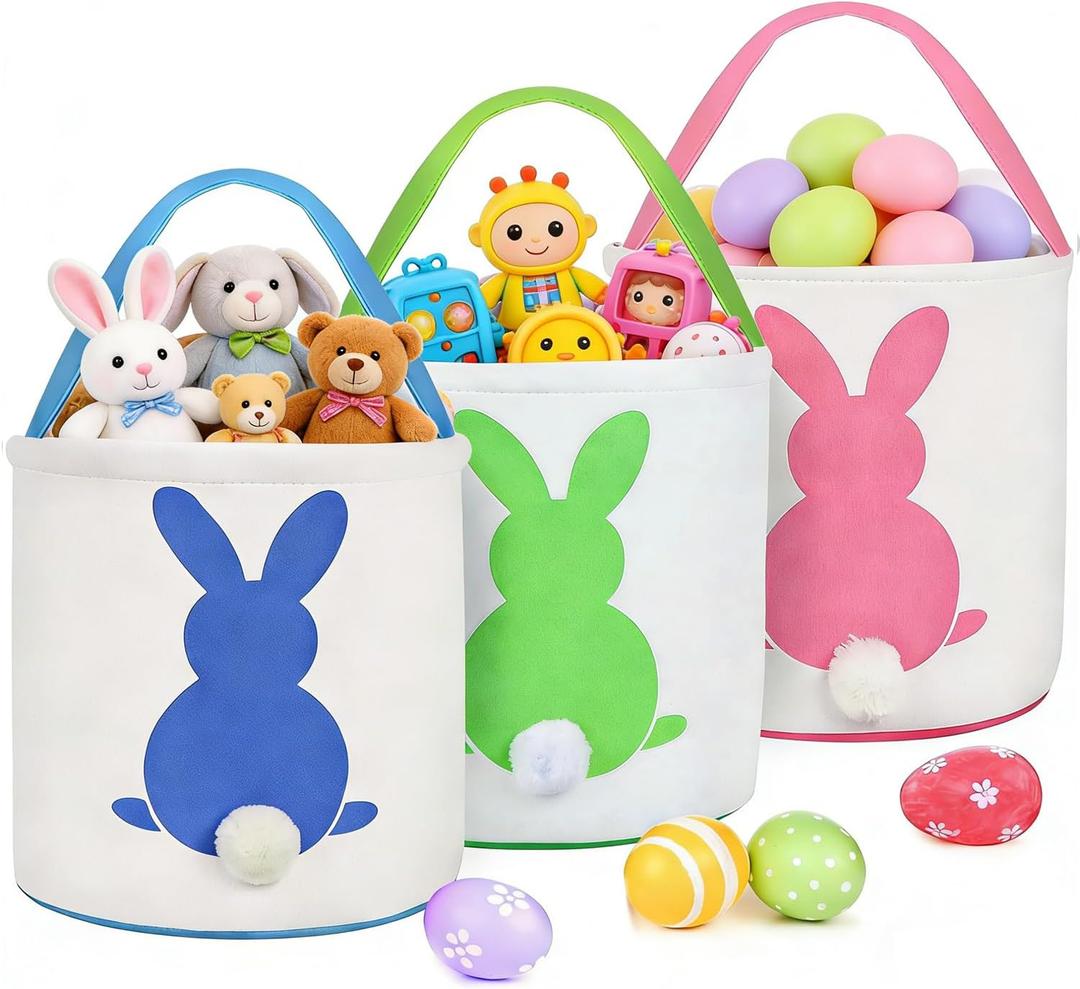3 PCS Easter Eggs Hunt Basket for Kids Canvas Bunny Basket Egg Bags Rabbit Fluffy Tails Party Celebrate Decoration Gift Toys Carry Bucket Tote