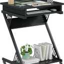 ALISENED Computer Desk for Small Spaces,23.6" Z-Shaped Compact Study Table with Smooth Keyboard Tray,with Wheels and Bottom Shelves for Home Office，Computer Cart Mobile Laptop Cart, 60*48*75 CM