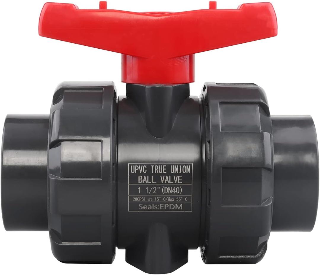 DERNORD PVC True Union Ball Valve NPT Threaded with Full Port, EPDM O-Rings, and Reversible PTFE Seats, Rated at 200 PSI (1.5 Inch NPT Threaded)
