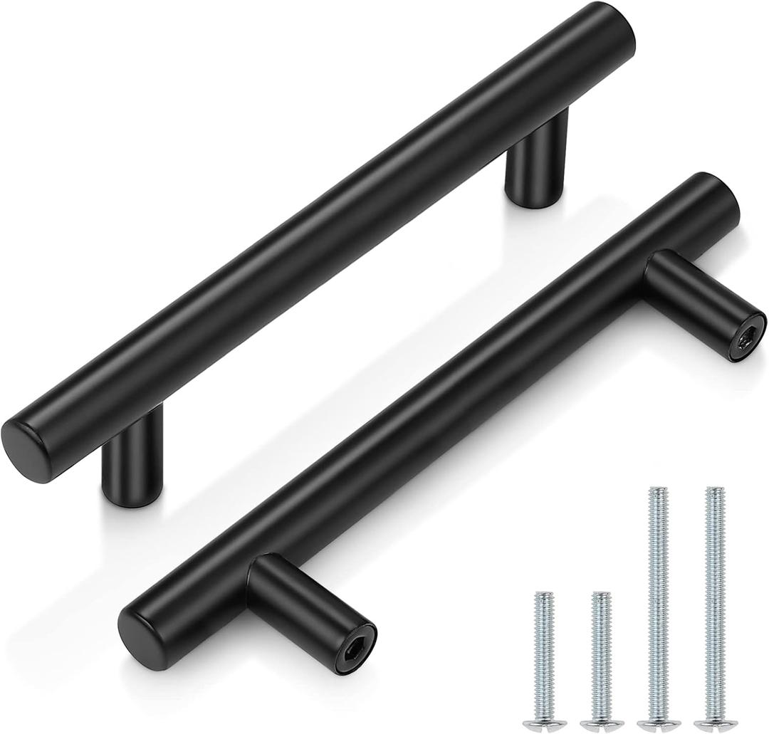 Probrico (10 Pack Flat Black Cabinet Handles, 3-3/4 Inch Hole Centers Modern Cabinet Hardware Cupboard Pull Kitchen Cabinet T Bar Handle Dresser Pulls, 6 Inch Total Length