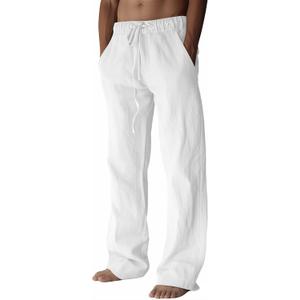 PIDOGYM Mens Cotton Linen Pants, Summer Beach Pants Casual Loose Fit with Elastic Waist Drawstring, Large