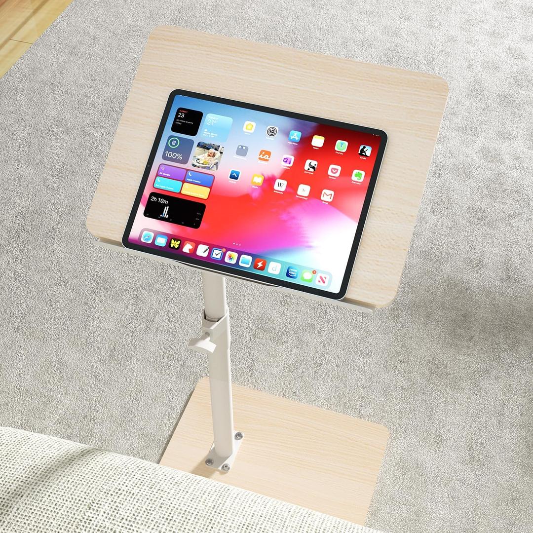 Sofa Armrest Tray Table for Couch - 360° Swivel Height Adjustable End for Small Spaces, Snack Side Table for Bed or Chair with Phone & Tablet Slot (Oak,Angle Adjustable)