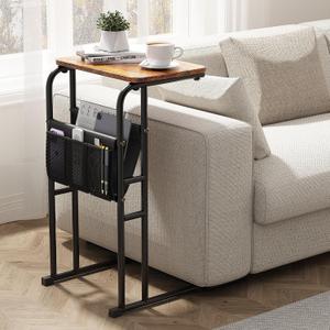 C-Shaped End Table with Storage Bag, Side Table for Living Room Bedroom, Slide Under Couch Sofa TV Trays Desk, Small Narrow Space Applicable, Rustic Brown