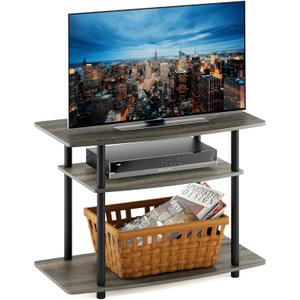 Furinno Turn-N-Tube No Tools 3-Tier Entertainment Center TV Stand for TV up to 32 Inch, Plastic Round Tubes, French Oak Grey/Black, 32-Inch Plastic Poles