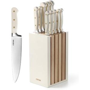 CAROTE 11 Pieces Knife Set with Block for kitchen, Stainless Steel Razor-Sharp Blade, Triple Riveted Ergonomic Handle, Wooden Magnetic Block, Essential Knife Block Set, Beige (White-WS)