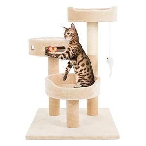 Cat Tree - 3-Tier Tall Cat Tower Condo with 2 Napping Perches, Sisal Rope Scratching Post, Hanging Mouse and Interactive Wheel Toy by PETMAKER (Beige), 27.5"