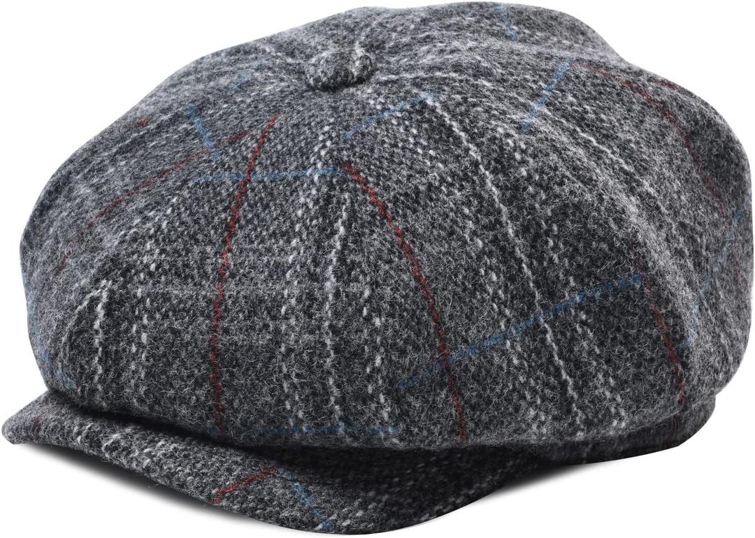 BOTVELA Men's 8 Panel Wool Blend Newsboy Flat Cap Herringbone Tweed Hat (7 5/8, Plaid Grey)
