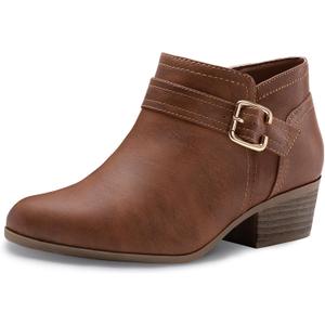 Athlefit Women's Chunky Low Heel Ankle Boots Classic Pointed Toe Side Zipper Booties (9, Brown)