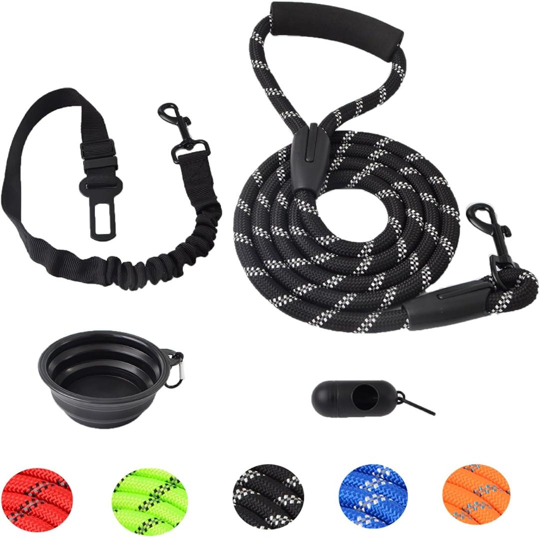 2PCS Dog Leashes Set,1PCS 6 FT Black Dog Leashes with Comfortable Padded Handle,1PCS Adjustable Dog Seat Belt,High Reflective Threads,1/2 inch Heavy Duty Dog Leash for Medium and Large Dogs.