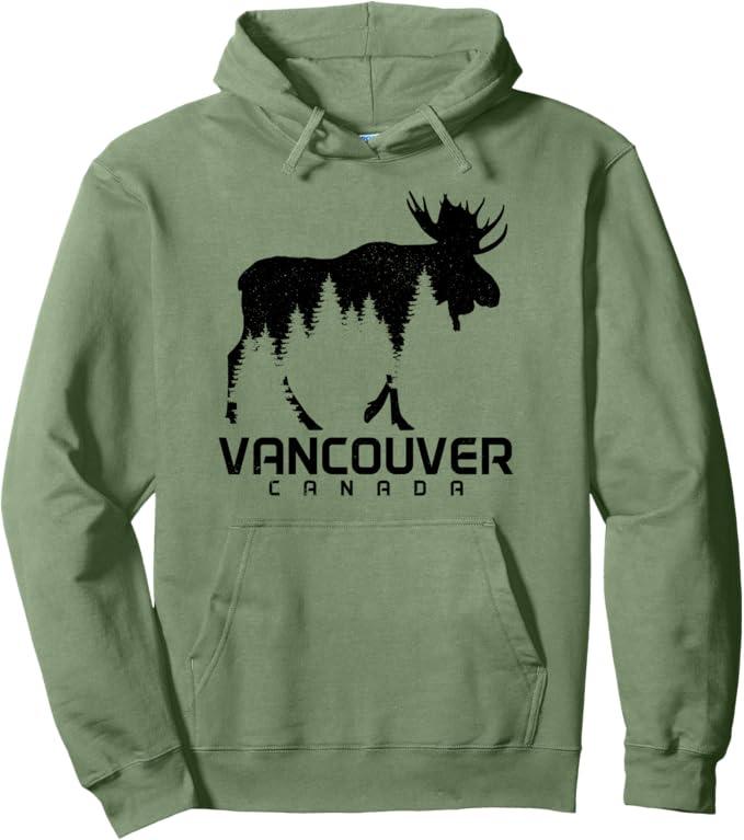 Vancouver Canada Vintage Moose Souvenir Pullover Hoodie (Small, Sage Green)