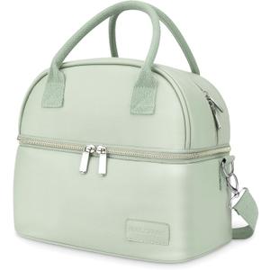 BALORAY Lunch Bag for Women Men, Double Deck Lunch Box for Adults, PU Leather Lunch Tote Bag Insulated Lunch Bags with Strap for Work Office Picnic(Green with strap)