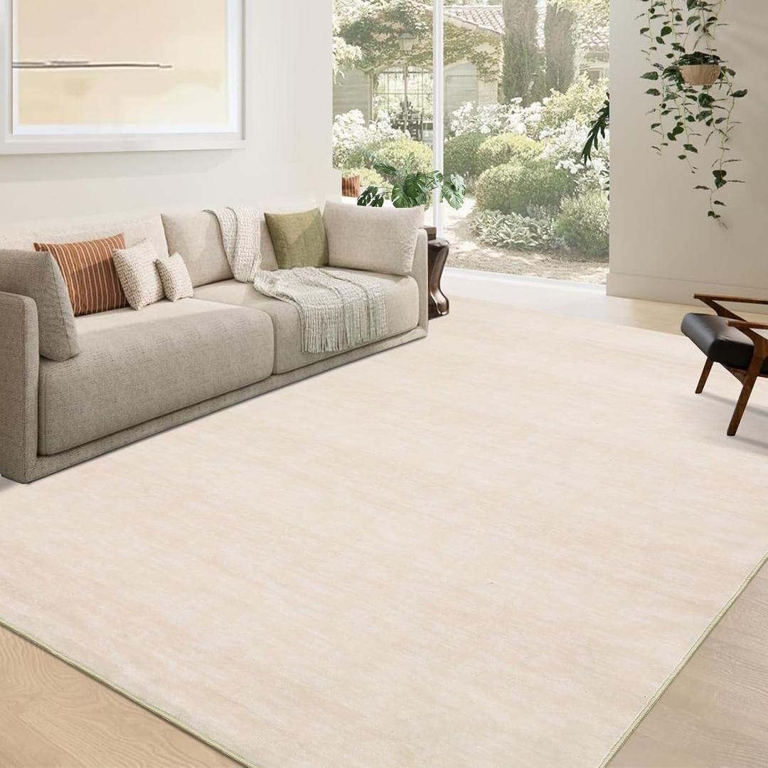 RUGSREAL Living Room Area Rug 10x13 Modern Solid Color Large Bedroom Rug with Rubber Backing Stain Resistant Low Pile Dining Room Throw Carpet Contemporary Washable Rug for Home Decor Office, Beige
