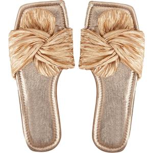OYOANGLE Women's Metallic Twist Front Open Toe Flat Sandals Fashion Slide Sandals (9.5, Gold)