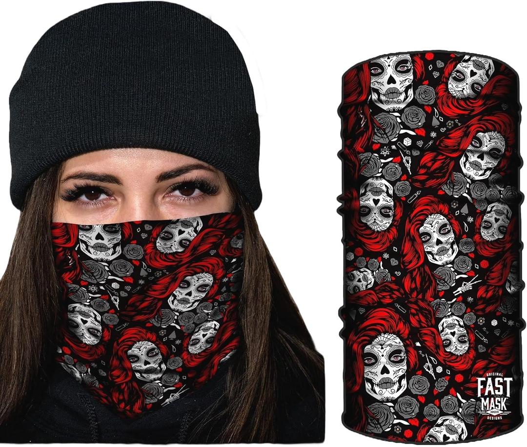3 x Breathable Fabric Face Mask, Tubular Bandana 100% Polyester Microfiber Face Protection with SPF 40 for Men and Women- With Sewn Edges (Red Santa Muerte Neck Gaiter)