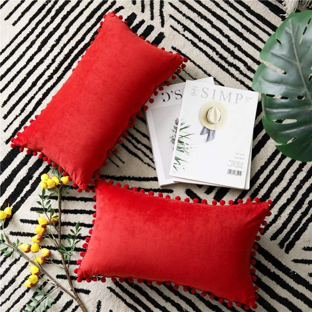 Throw Pillow Covers 12x20 Red: 2 Pack Cozy Soft Pom-poms Velvet Rectangular Decorative Pillow Cases for Farmhouse Home Decor