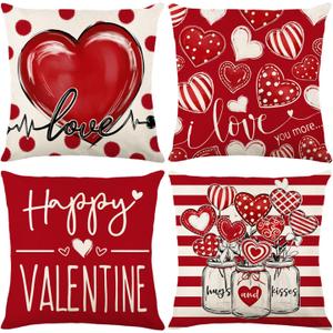 ONFAON Valentines Day Decorations- Throw Pillow Covers 18x18 in Set of 4Love Heart Pillow Covers Farmhouse Valentines Day Decor for Couch Home Outdoor