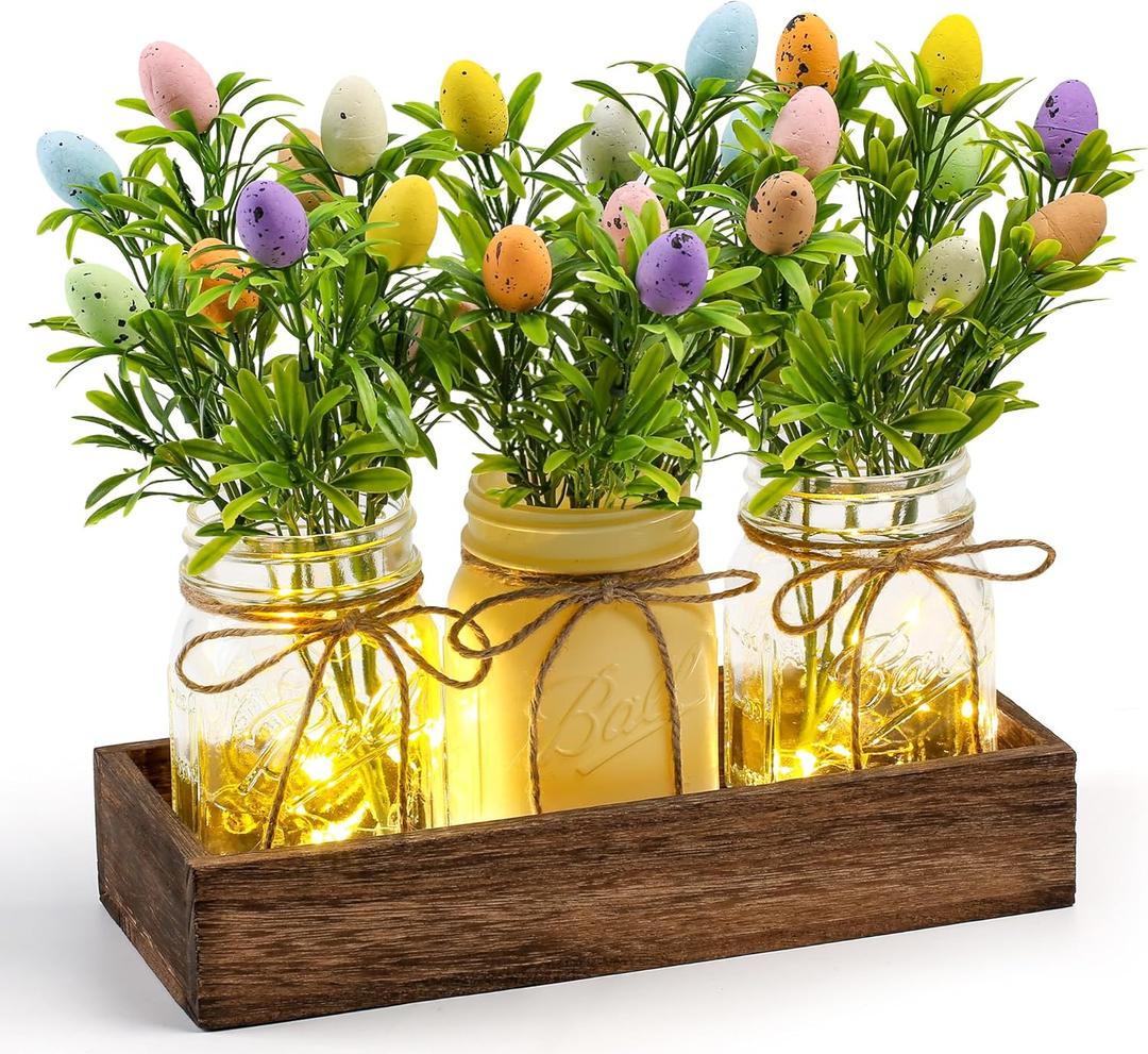 Easter Centerpiece Table Decorations for Table Runner Farmhouse Coffee Table Decor with Wood Tray and Led Light Table Centerpieces for Dining Room Kitchen Living