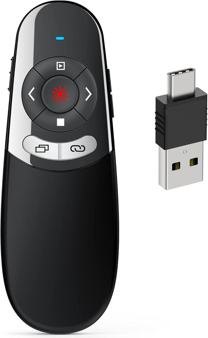 DINOSTRIKE 2 in 1 Type C and USB Presentation Clicker for Powerpoint Presentations,RF 2.4GHz Wireless Presenter Remote Slide Advancer with Volume Control for Mac Laptop Computer Office Classroom