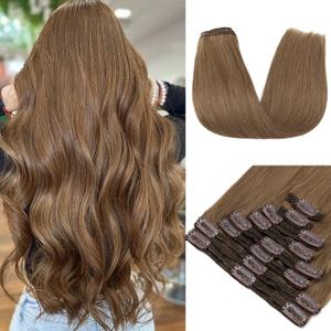 Clip in Hair Extensions Real Human Hair, MY-LADY Human Hair Clip in Extensions, 18Inch 140g 8Pcs Hair Extensions Clip ins, Seamless Human Hair Straight Light Brown