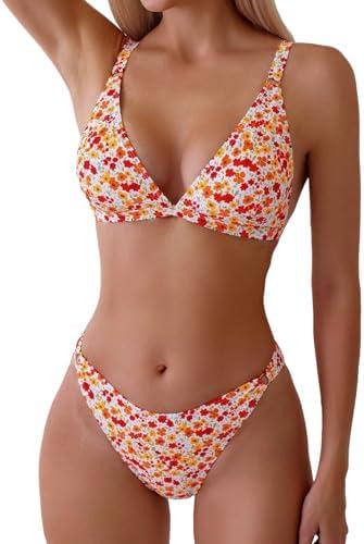 ZAFUL Women's 2 Piece Floral Print Swimsuit Triangle String High Cut Bikini Sets Bathing Suit, size Small
