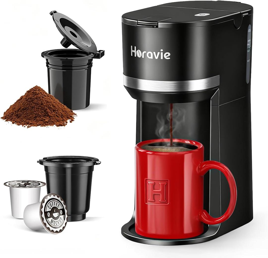 Horavie Small Single Serve Coffee Maker for K Cup and Grounds, Fast Brew One Cup Coffee Machine with One Button, 6 to 12 oz. Brew Sizes, Perfect for Home and Travel, Black (9.45 Inches)
