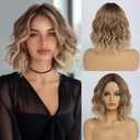 Short Ombre Ash Blonde Wavy Bob Wig for Women Shoulder Length Curly Glueless Human Hair Wigs Free Part Breathable Natural Look for Daily and Party (Ash Blonde,14 inch)
