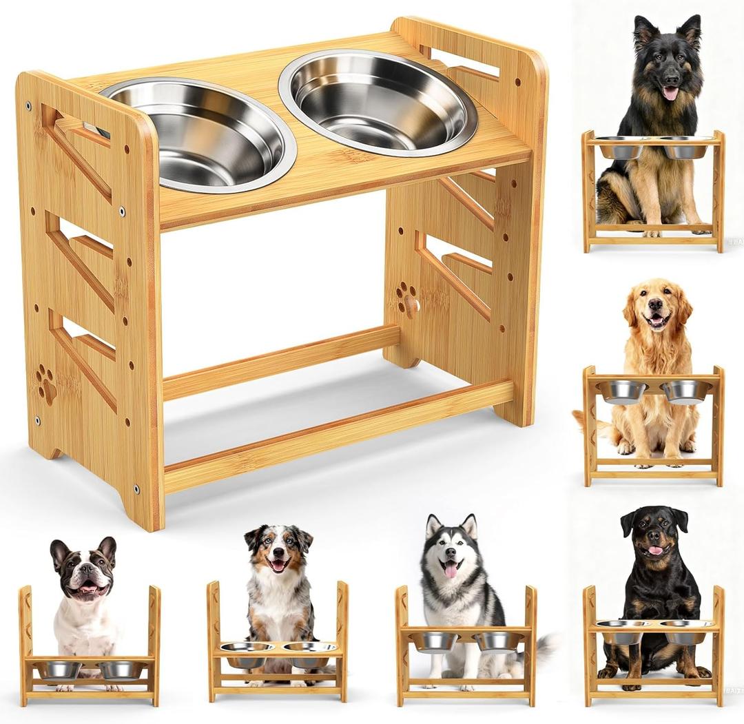 Elevated Dog Bowls, Adjustable Raised Dog Bowl Stand for Large and Medium Pet, 15" High Bamboo Pet Food Feeder with 2 Stainless Steel Dishes6 Heights