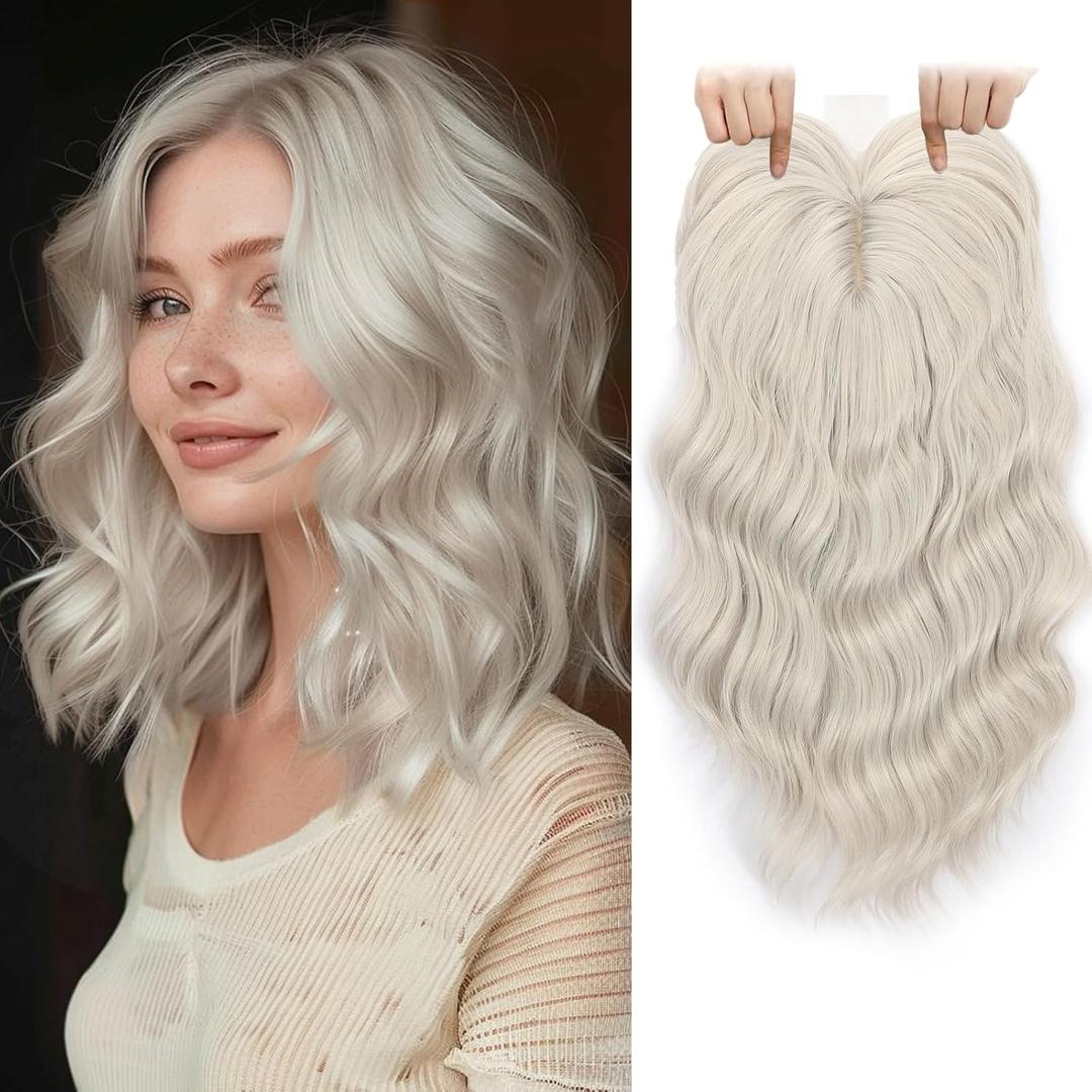 TYQ Hair Toppers for Women with Thinning Hair,14 Inch 360 3D Synthetic Curly Wavy Side Part Clip in Bangs(White Blonde)